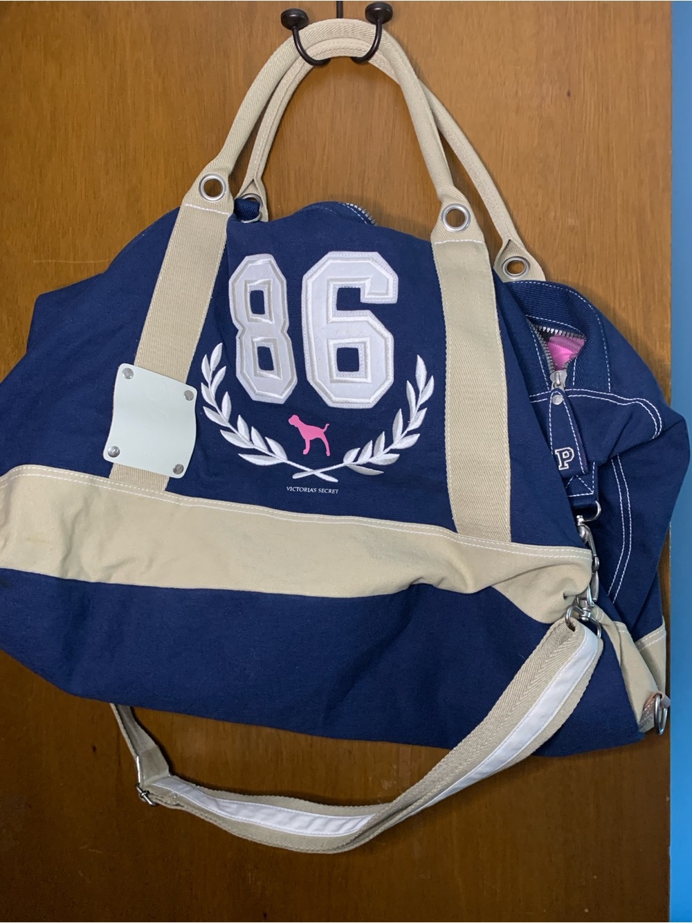 Victoria's Secret Pink Huge Navy and Cream Duffel with 86 Logo